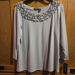 Elementz Women's Light Gray Long Sleeve Top With Ruffled Neckline Size XL NEW